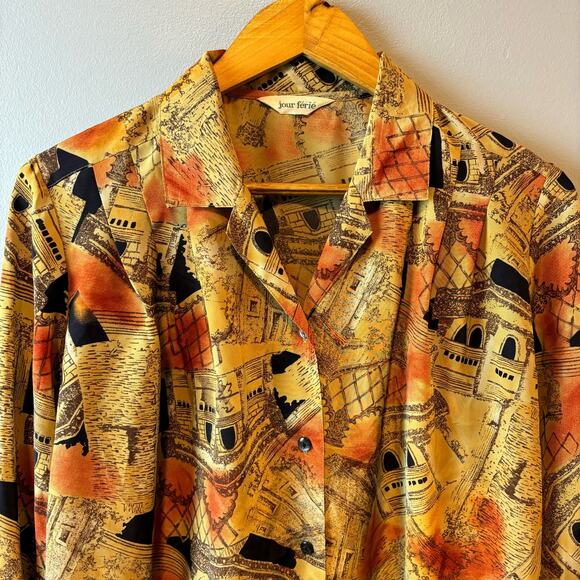 Rare! Jour Ferie Vintage Button Down Blouse Classy Academia Womens Bold - Picture 3 of 4